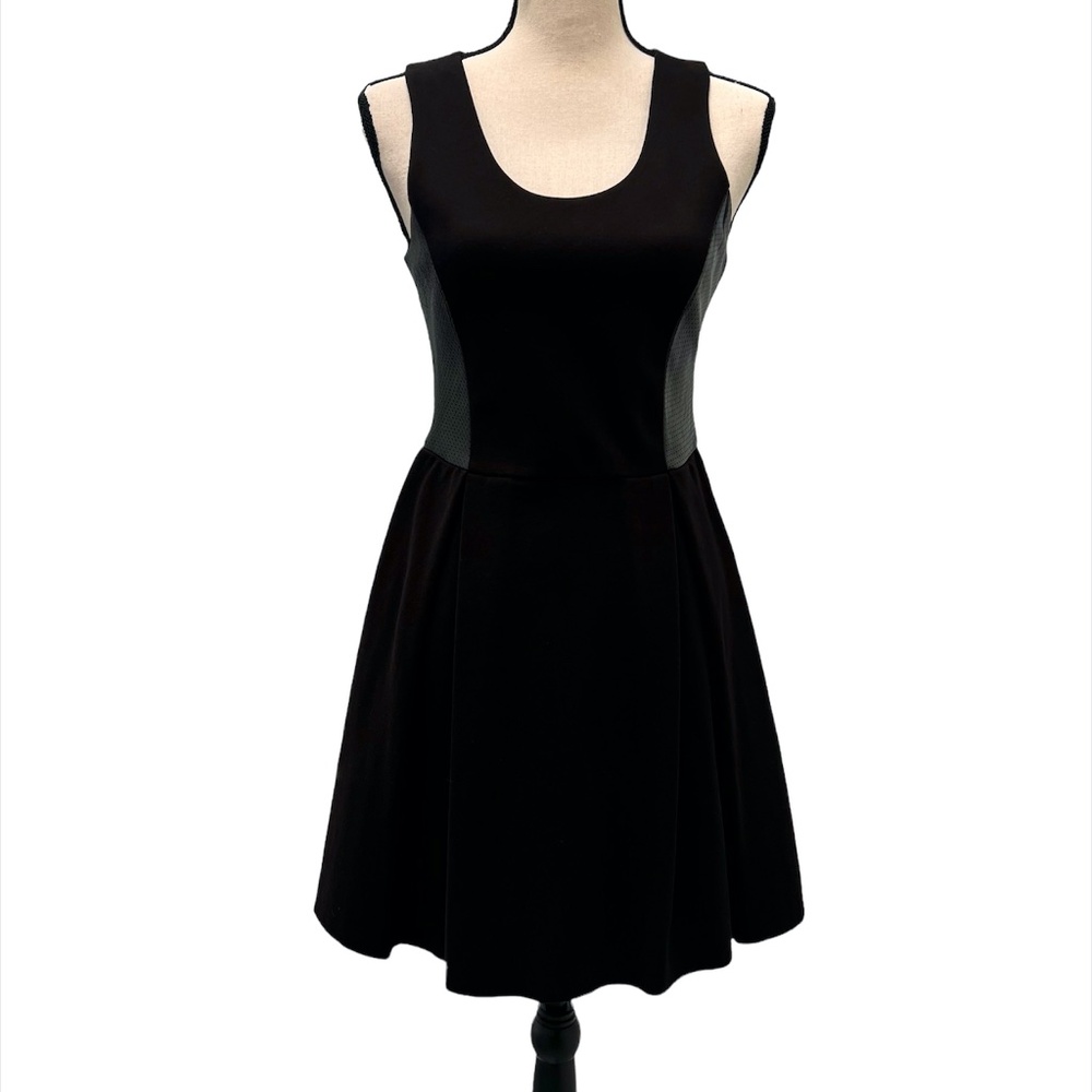 PARKER BLACK PERFORATED LAMB LEATHER SLEEVELESS FIT & FLARE DRESS
